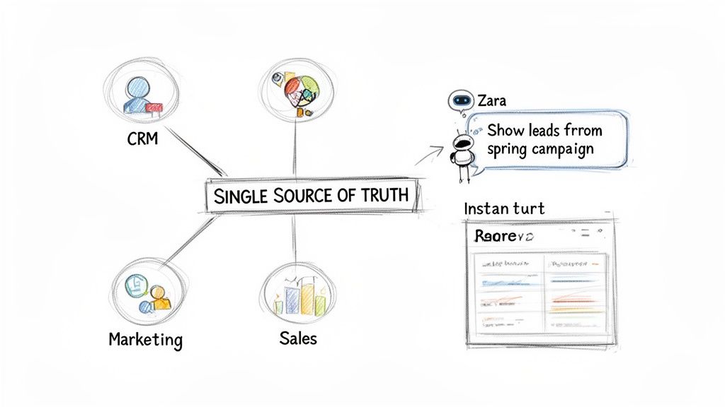 Diagram showing a 'Single Source of Truth' connecting CRM, Marketing, Sales, and generating ad-hoc reports.