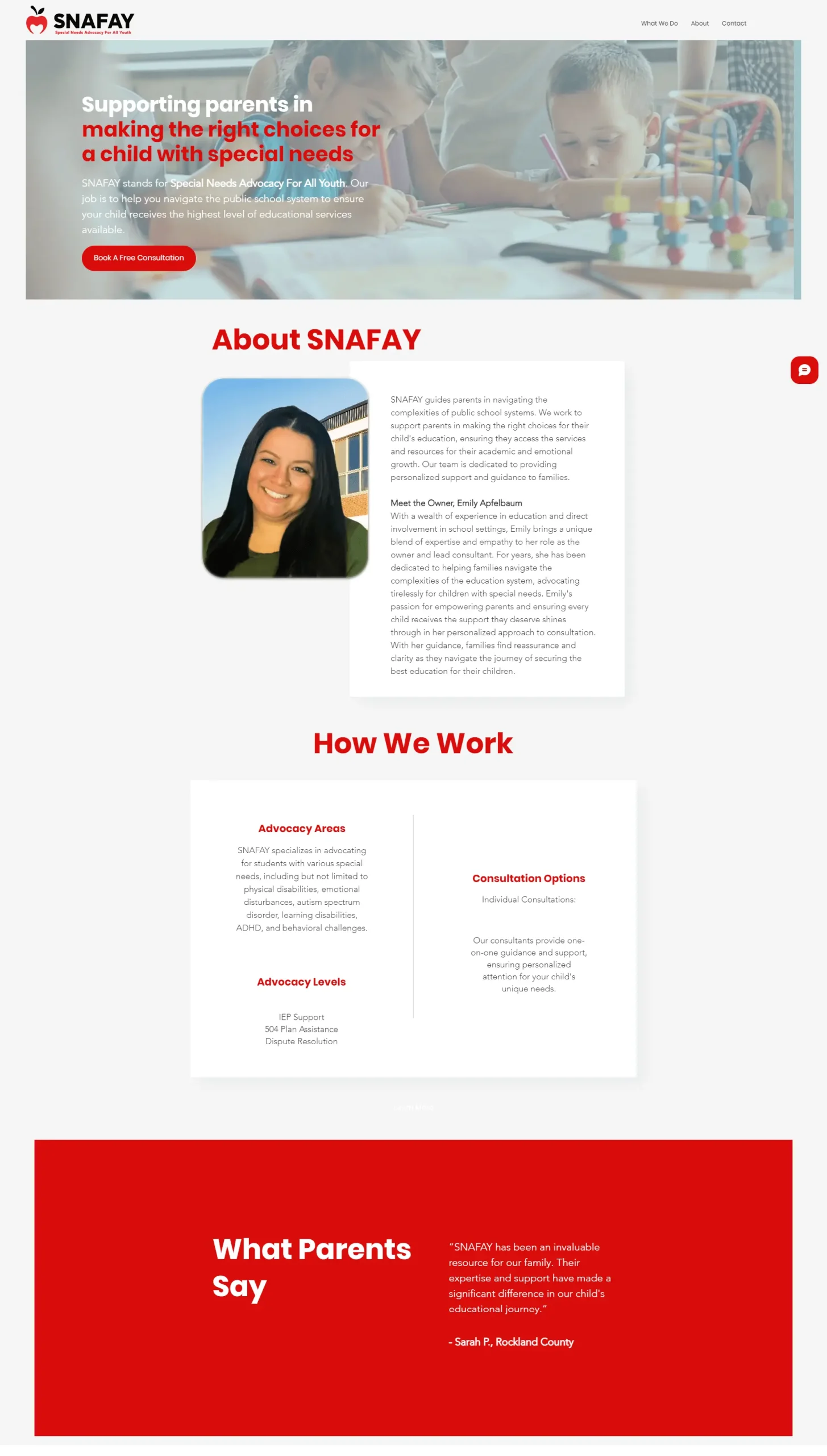 Snafay website design preview – advocacy organization web design by RJP.design Web Design Agency NYC, supporting parents and children with special needs through educational guidance.
