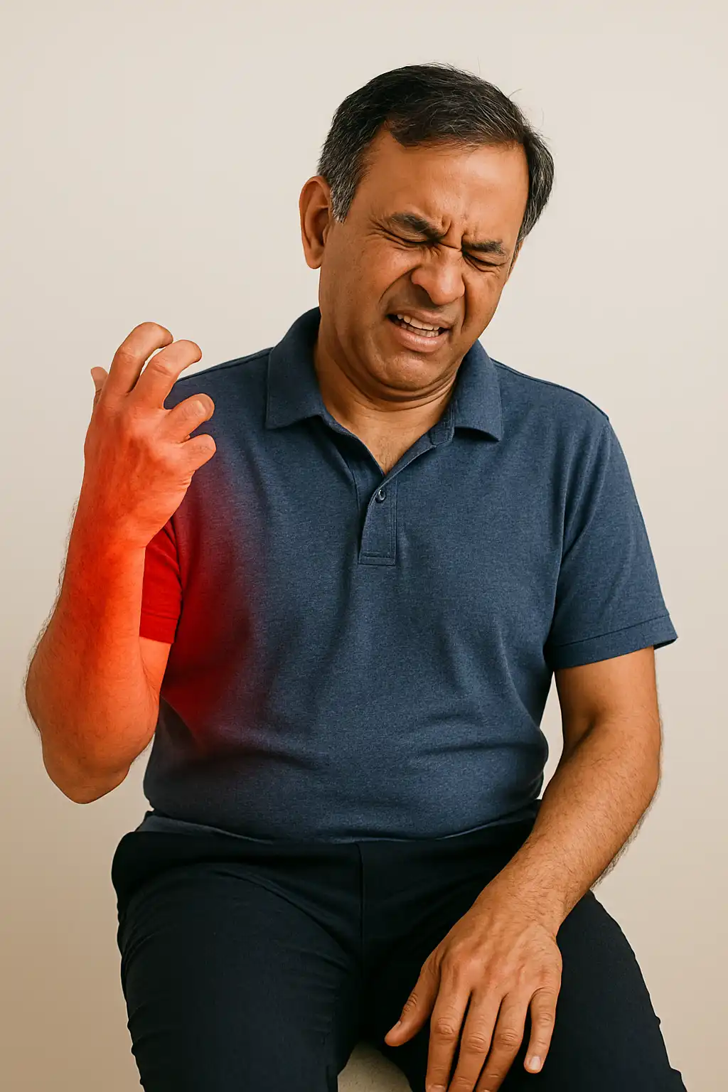 An adult experiencing painful muscle tightness in the arm, with visible discomfort and the affected area highlighted to represent spasticity.