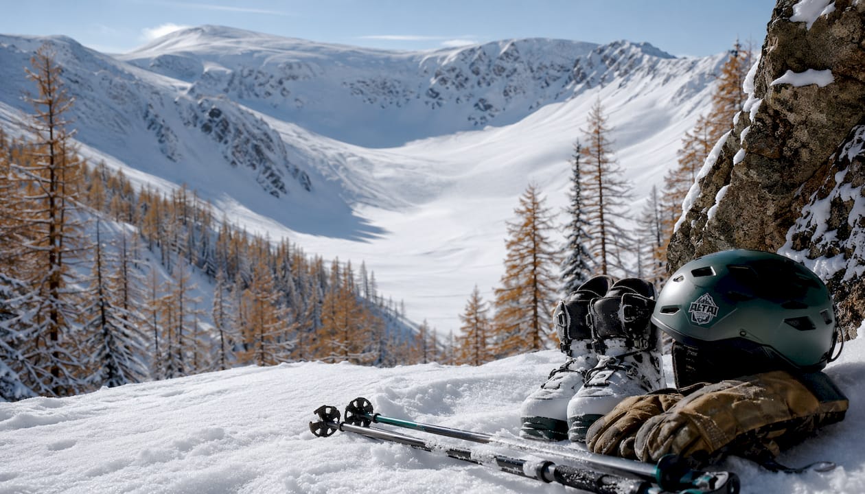 Ski gear resting in snow beneath a mountain bowl in the Western Altai