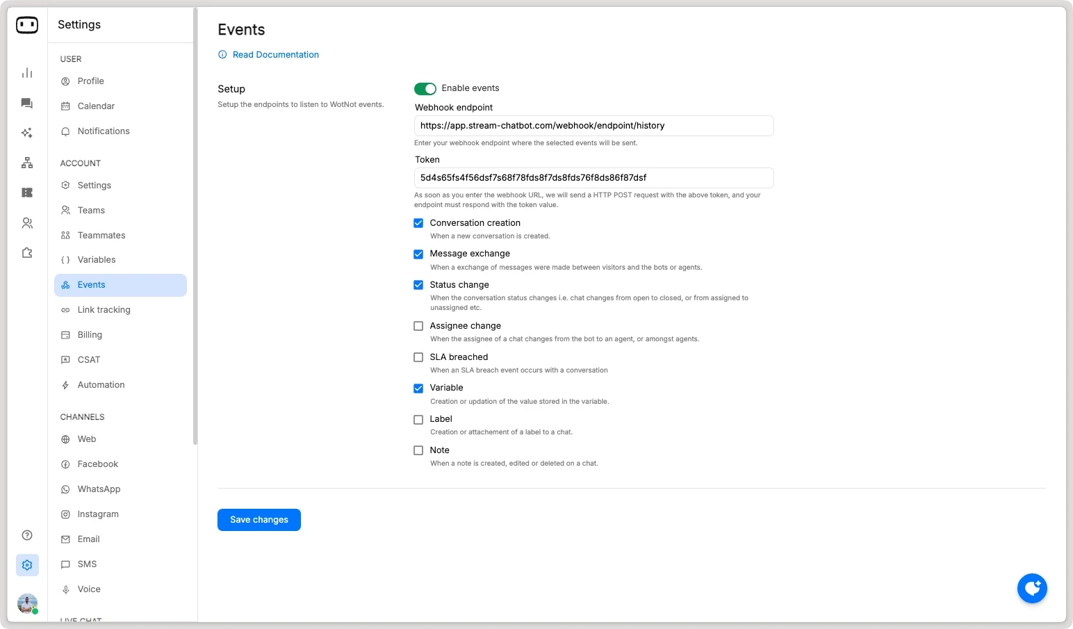 API and webhooks in WotNot