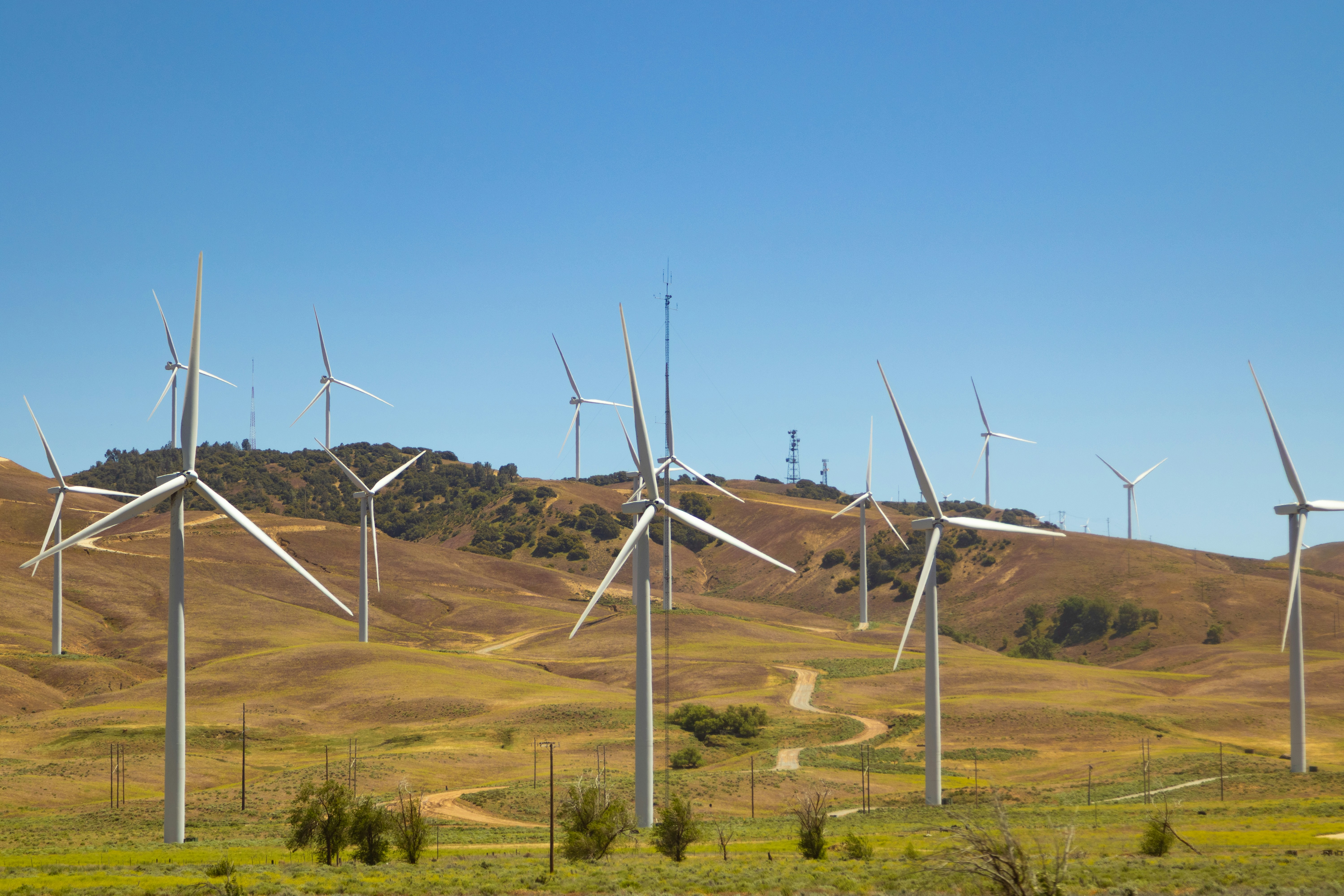 Wind turbines on rolling hills under a clear blue sky
