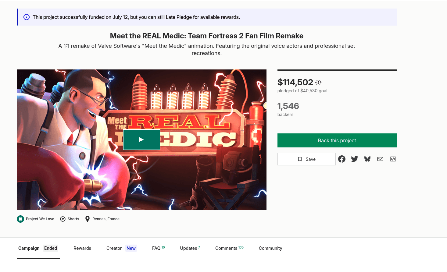 A screenshot of Kickstarter where the goal reach around $115K