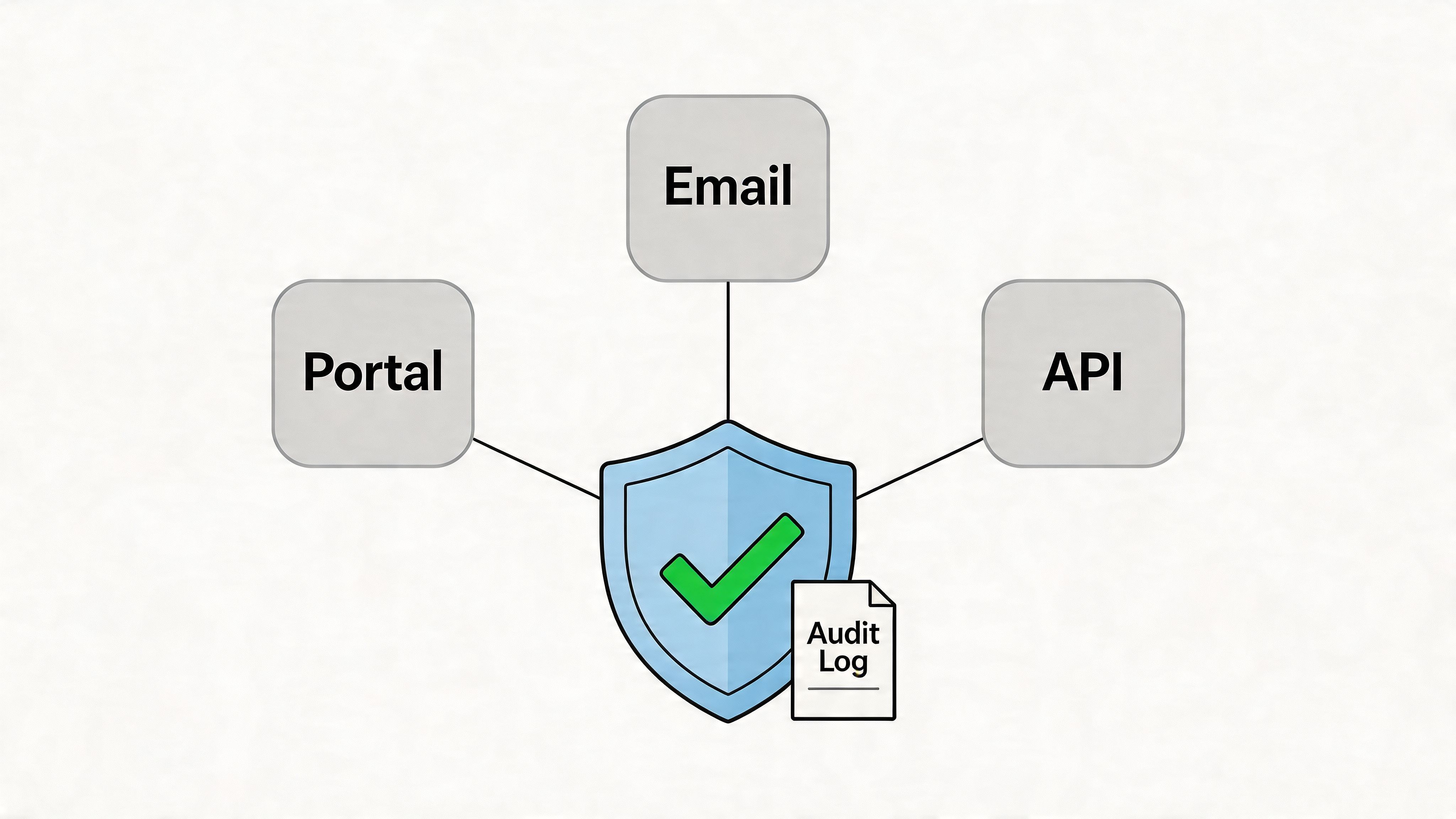 A protective shield icon with a green checkmark connected to Portal, Email, and API notification channels.