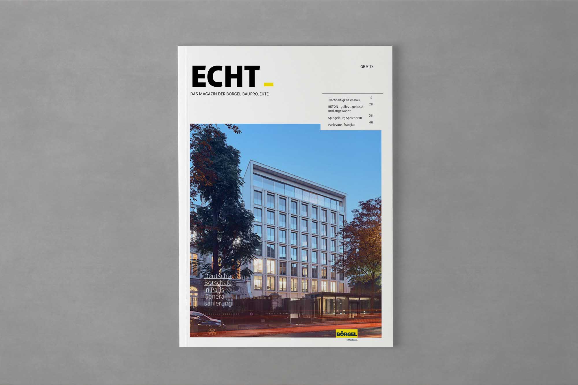 Titelseite des Editorial Designs für Börgel Bau mit prägnanter Signalgelb-Akzentuierung, modernem Layout und klarem Corporate Look.