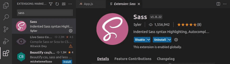 Sass extension in the vs code marketplace