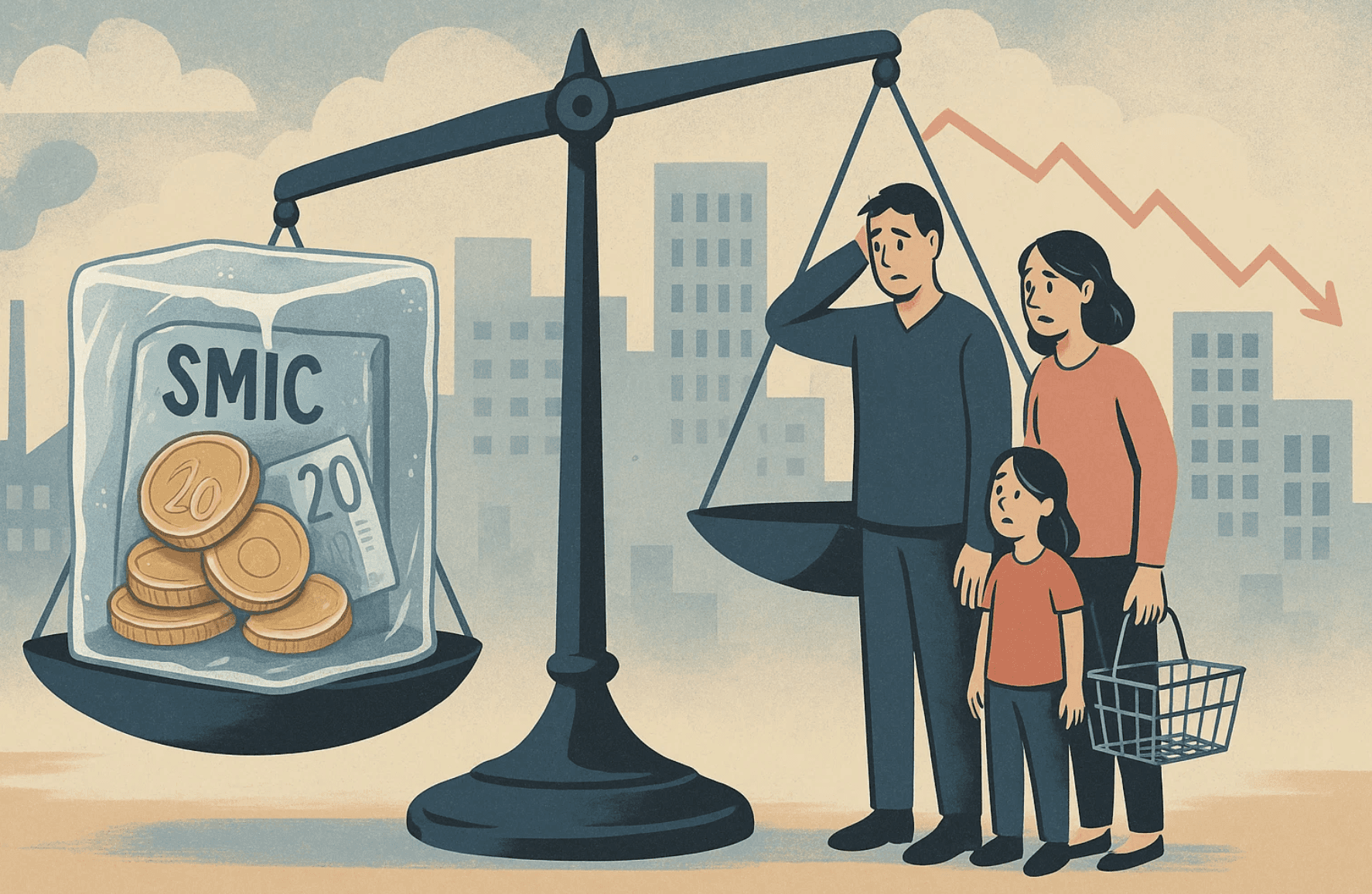 Illustration symbolique du risque de gel du SMIC 2026 : un bloc de glace enferme des pièces de monnaie tandis qu’un salarié observe la scène, représentant la perte de pouvoir d’achat et l’impact économique d’une éventuelle année blanche.