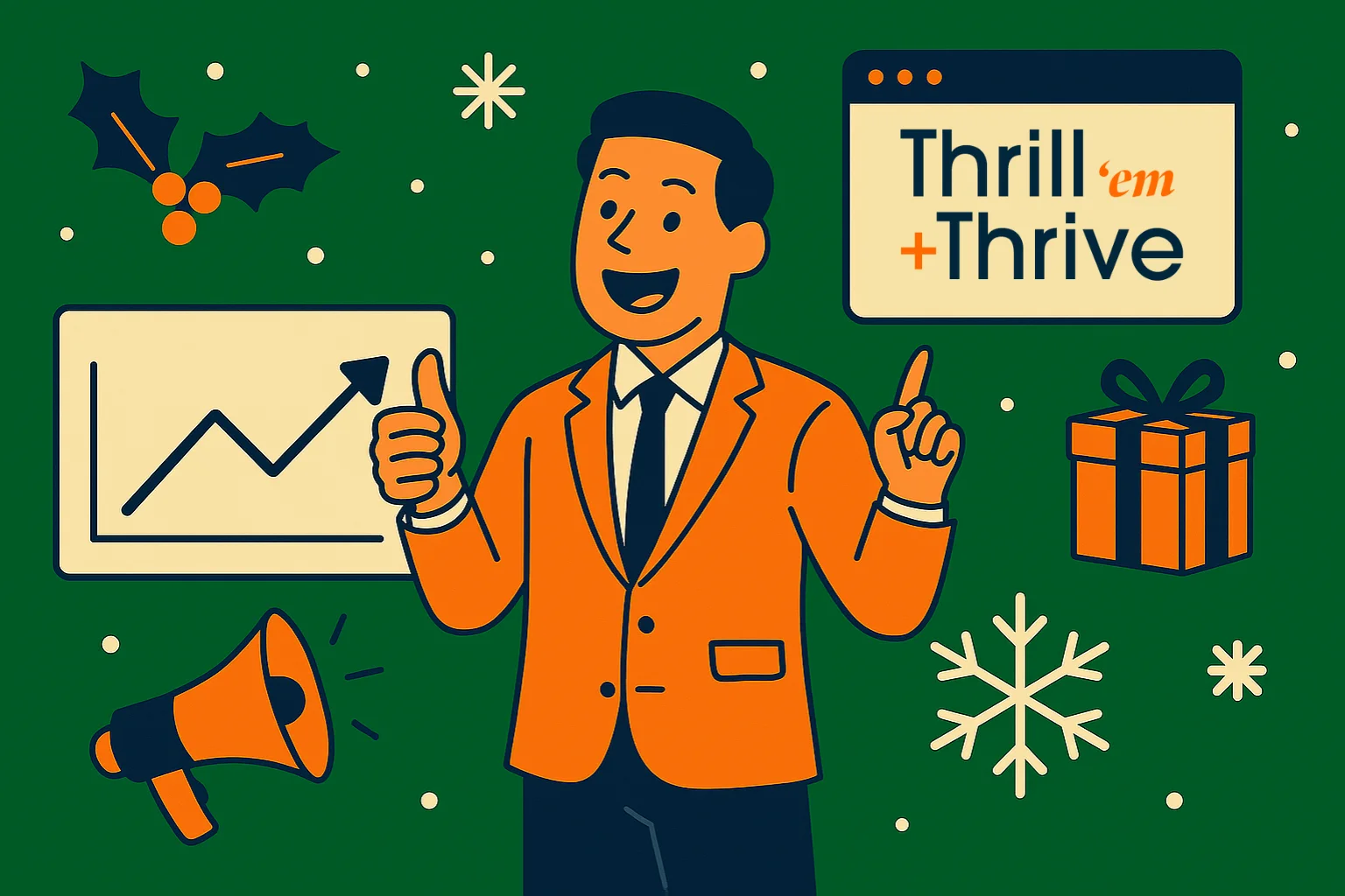businessman-in-orange-blazer-presenting-growth-chart-and-megaphone-with-thrill-em-thrive-logo-showcasing-success-from-christmas-marketing-ideas-for-small-businesses