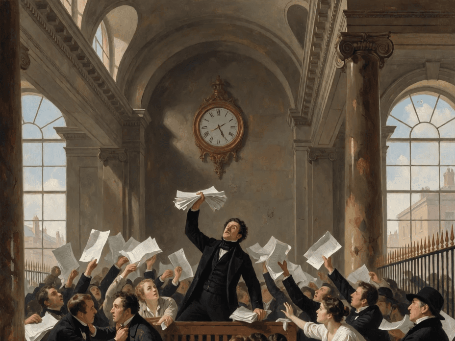 A classical oil painting of a man in a black coat raising papers above an excited crowd in a grand columned exchange hall, with a large roman-numeral clock mounted on the wall above an archway.