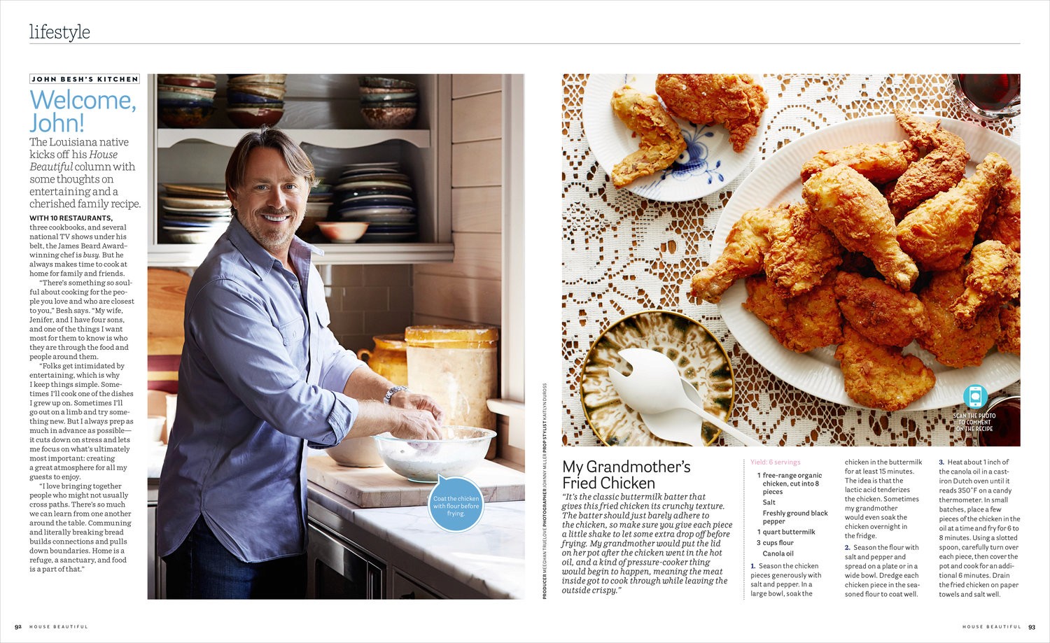 A spread layout with a portrait of Chef John Besh in his kitchen. The second image on the layout is a top-down view of a plate of fried chicken.