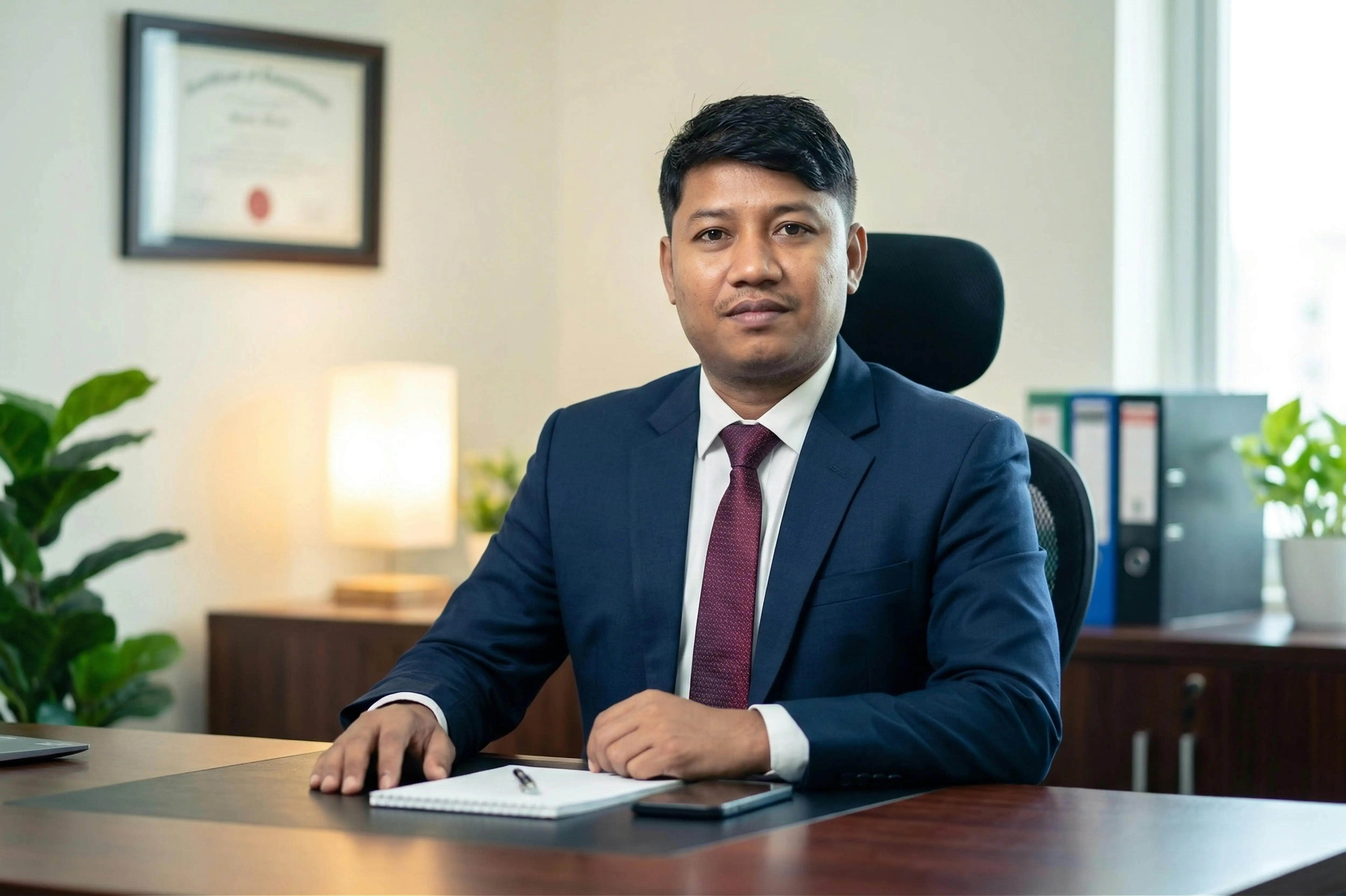 A man in a suit sits at a desk