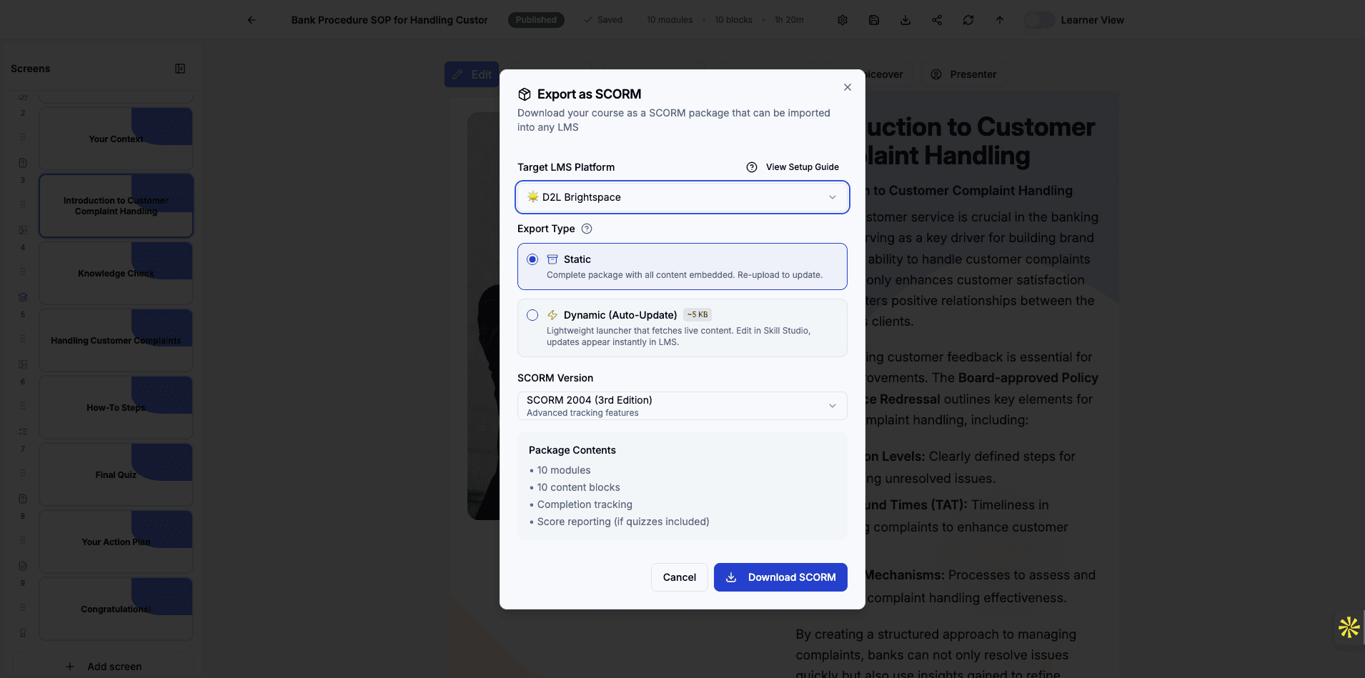 Choose Dynamic (Auto-Update) to enable live content updates in your LMS without re-uploading.