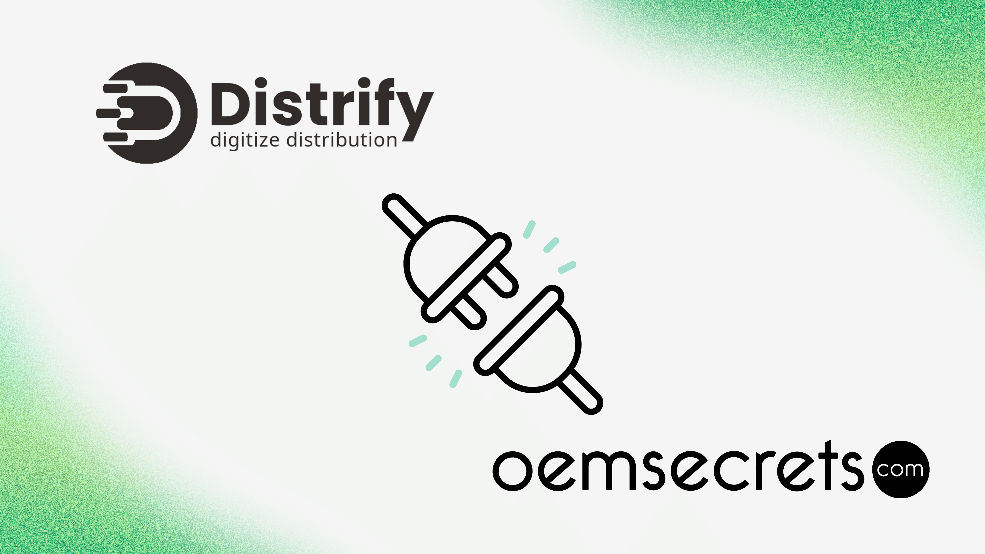 Distrify and OEMSecrets partnership logos with electronic component connector illustration