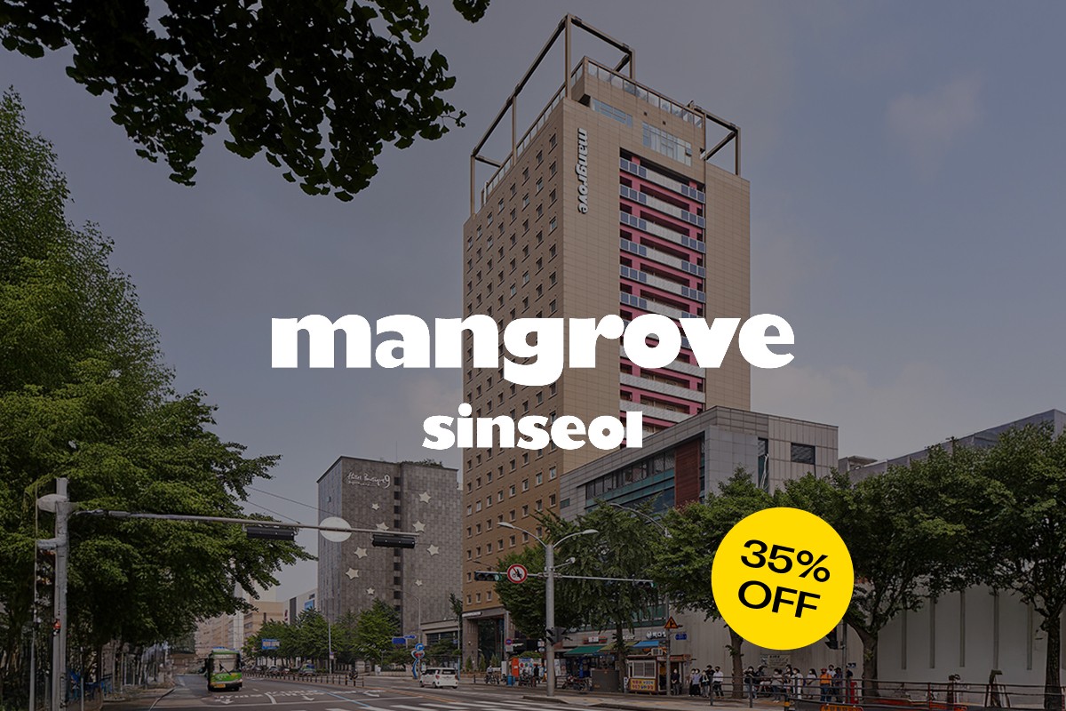 Mangrove_MKTP_SEO Mangrove_MKTP_SEO 100% 9 F10  Front view of the Mangrove Sinseol building, located next to a bus stop and crosswalk, with beige-toned exterior.      	 Front view of the Mangrove Sinseol building, located next to a bus stop and crosswalk, with beige-toned exterior. 스크린 리더 지원 사용 설정 스크린 리더 기능을 사용하려면 ⌘+옵션+Z을(를) 누르세요. 단축키에 대해 알아보려면 ⌘슬래시을(를) 누르세요.