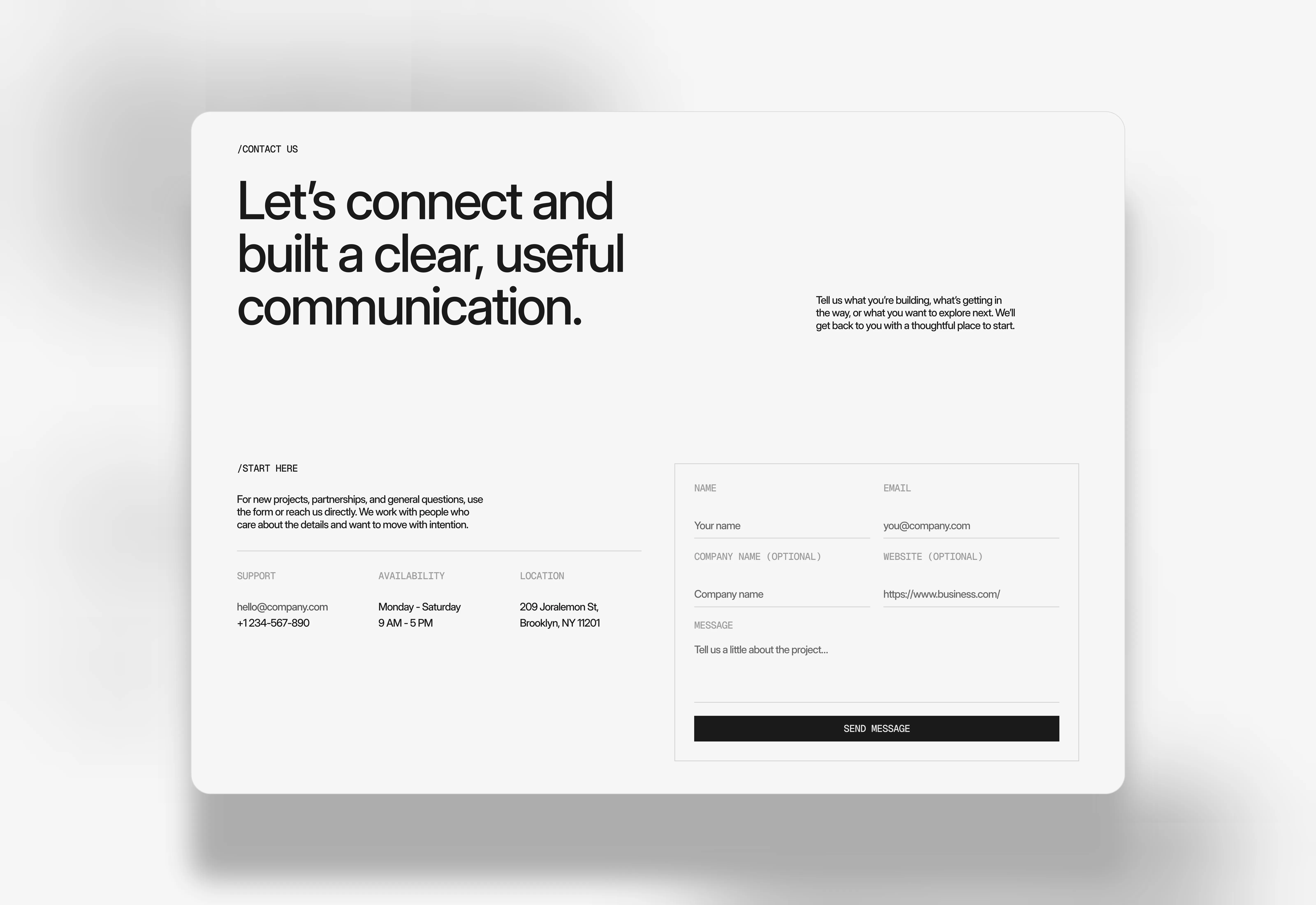 A light themed, minimal and bold style contact us page section with form features.