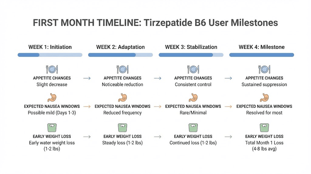 First month tirzepatide with B6 timeline expectations and milestones
