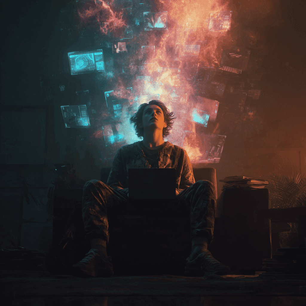 A cinematic digital artwork of a person seated in a dimly lit room, face illuminated by the glow of a laptop screen, surrounded by floating holographic ad elements each visual perfectly reflecting their inner world: memories, desires, hobbies, and identity fragments. The expression on their face is one of awe and deep resonance, as if the content was made just for them. Behind them, a dreamlike aura forms visualizing neural networks and AI data streams weaving personalized narratives. Warm hues of electric blues, pinks, and glowing oranges contrast against the moody background, symbolizing emotional alignment and technological intimacy. Surreal realism, dramatic lighting, hyper-detailed textures, subtle motion blur on the holograms to imply scale. Style: high-end concept art, emotionally evocative, breakthrough-level visual storytelling.