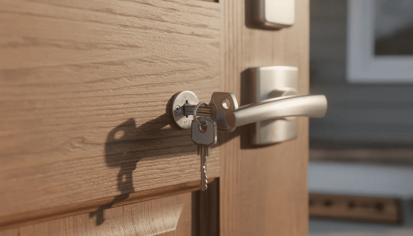 The image shows a house with a key inserted into the front door lock, symbolizing the importance of securing one's home and assets. This visual could represent the concept of estate planning, highlighting the need for legal arrangements like living trusts and wills to manage and distribute assets effectively.