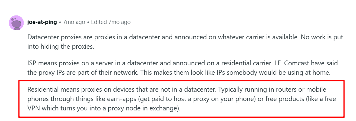 reddit discussion: what are residential proxies?