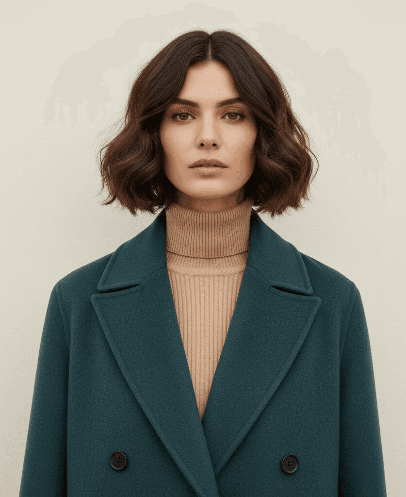 Woman in greenish coat