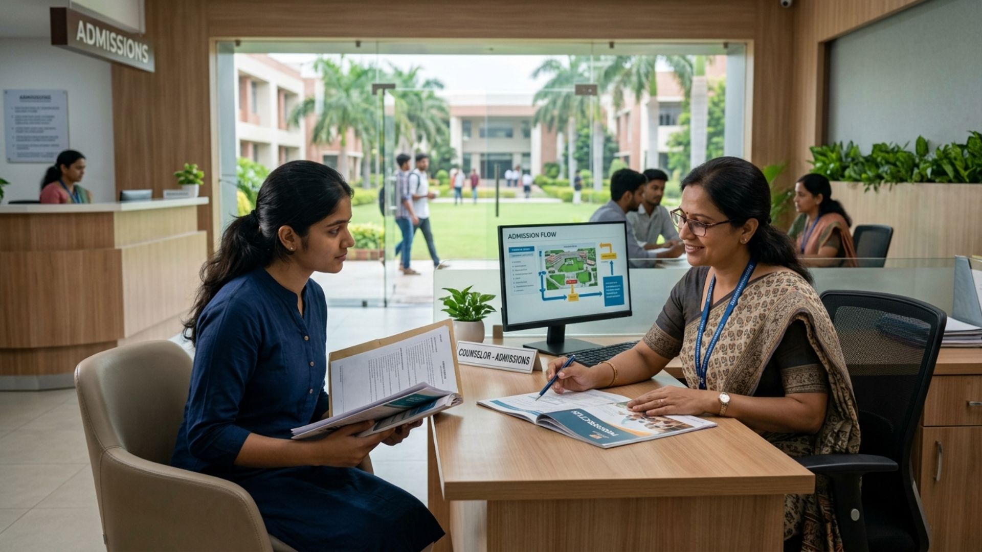 Student speaking with an admissions counsellor at an engineering college without entrance exams in India..