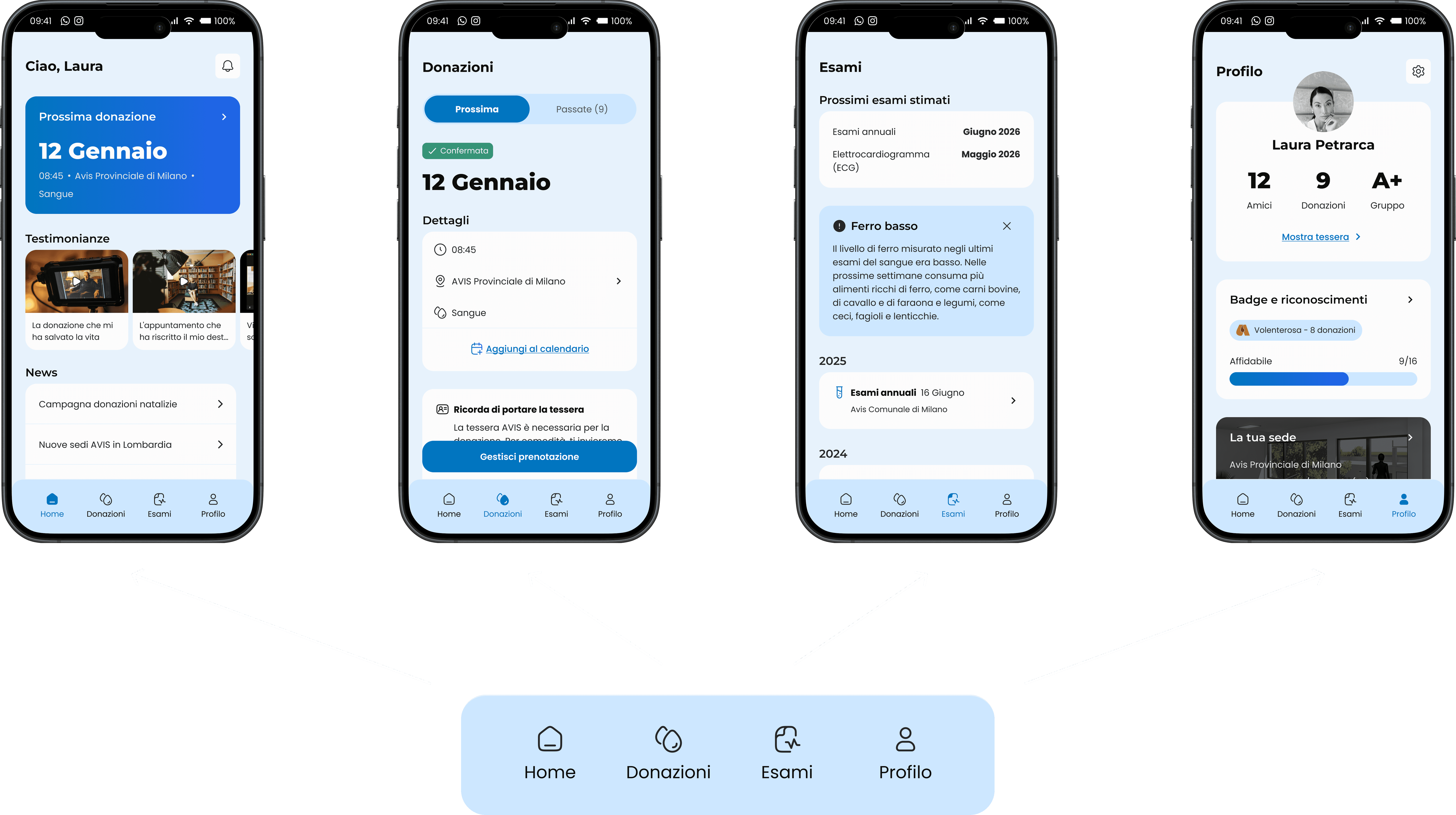 New navigation system: a navigation bar which leads the user to homepage, donation, exams, and profile pages.