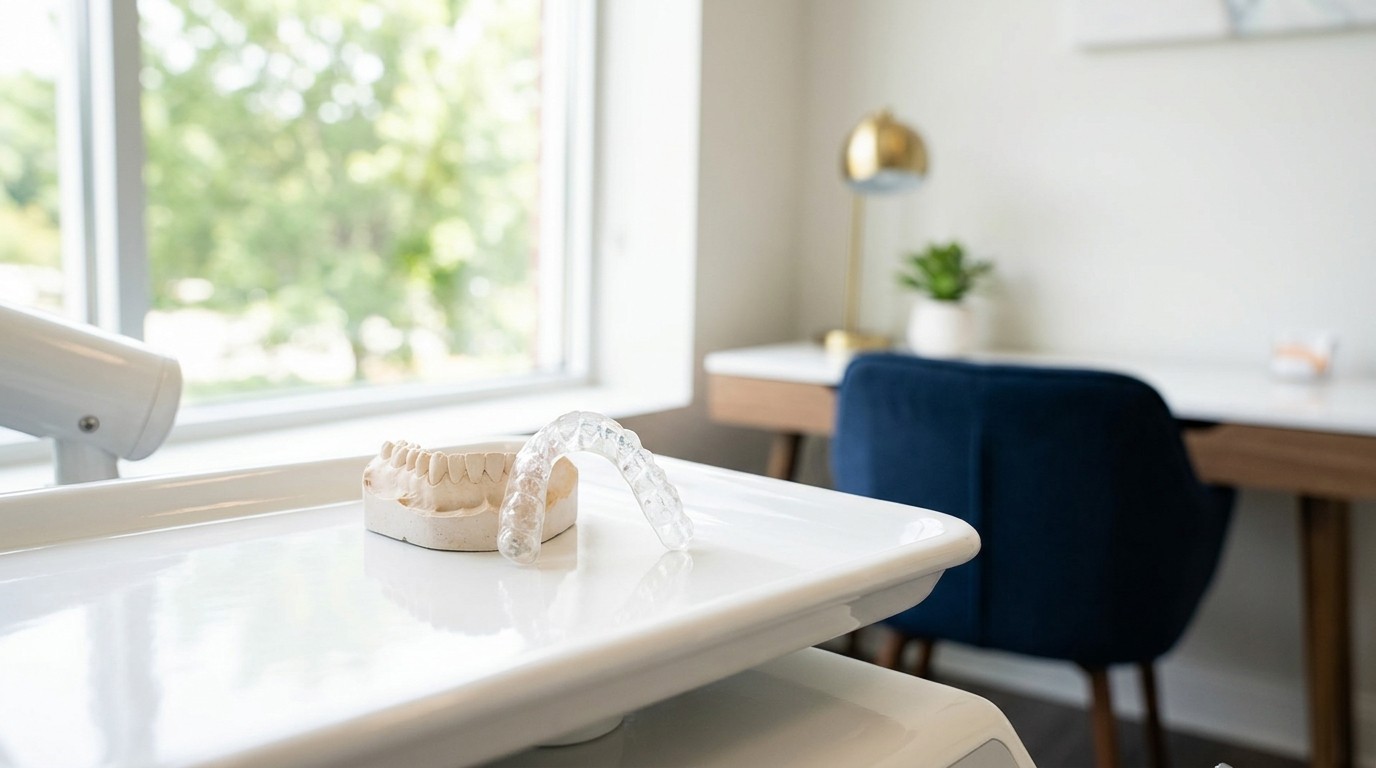 A clear night guard resting next to a model of teeth on a dental tray
