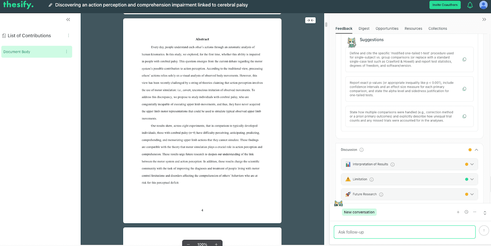 thesify section-level feedback showing suggestion cards and the Discussion breakdown into Interpretation of Results, Limitation, and Future Research