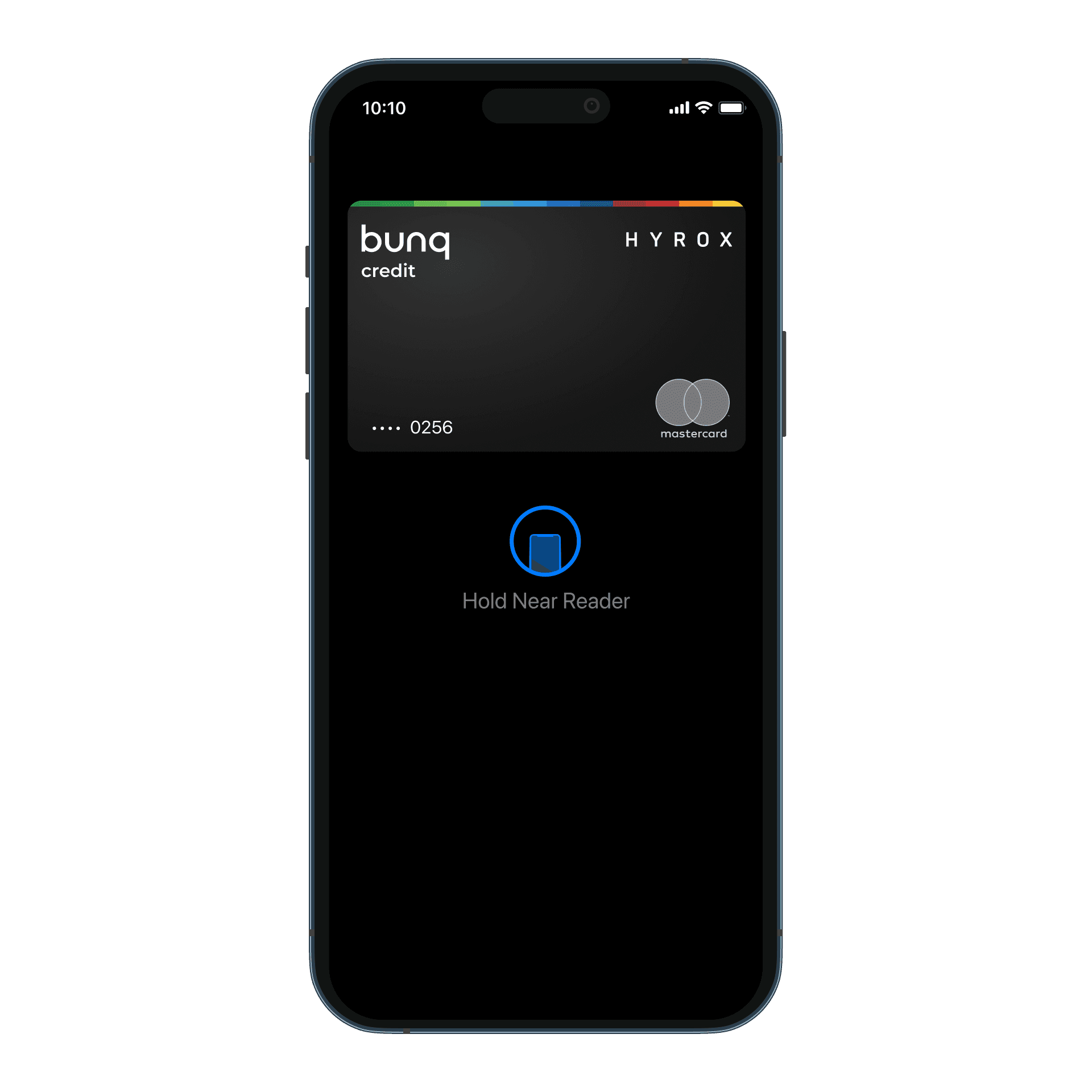 Phone showing a bunq HYROX Digital Card ready to pay