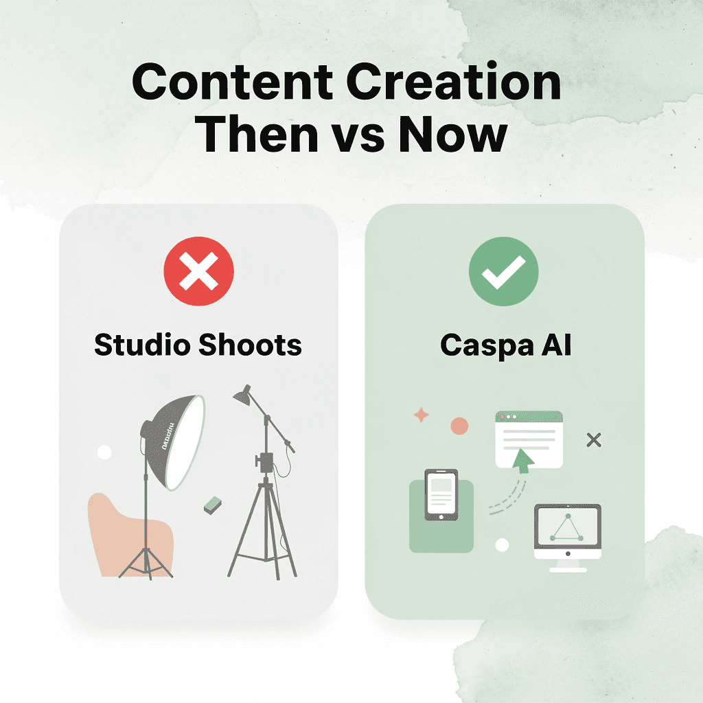 Before and after comparison of traditional studio photography versus Caspa AI content creation