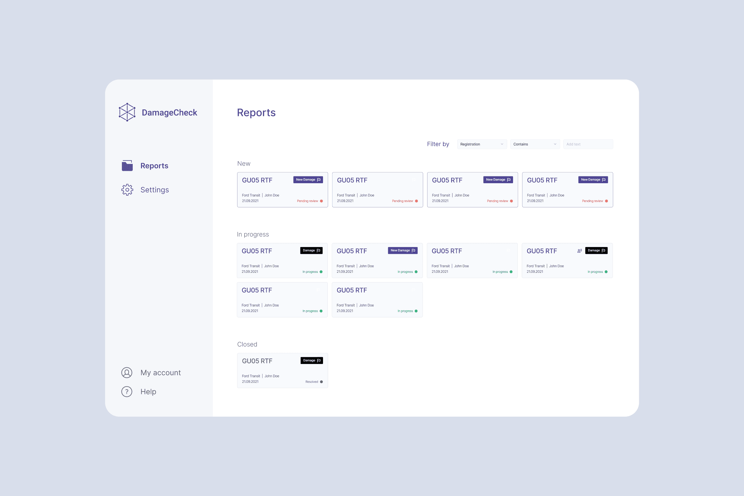 DamageCheck fleet manager dashboard showing the Reports screen with vehicle inspection cards grouped into New, In Progress, and Closed sections, each card showing registration, vehicle type, driver name, date, and status indicators.