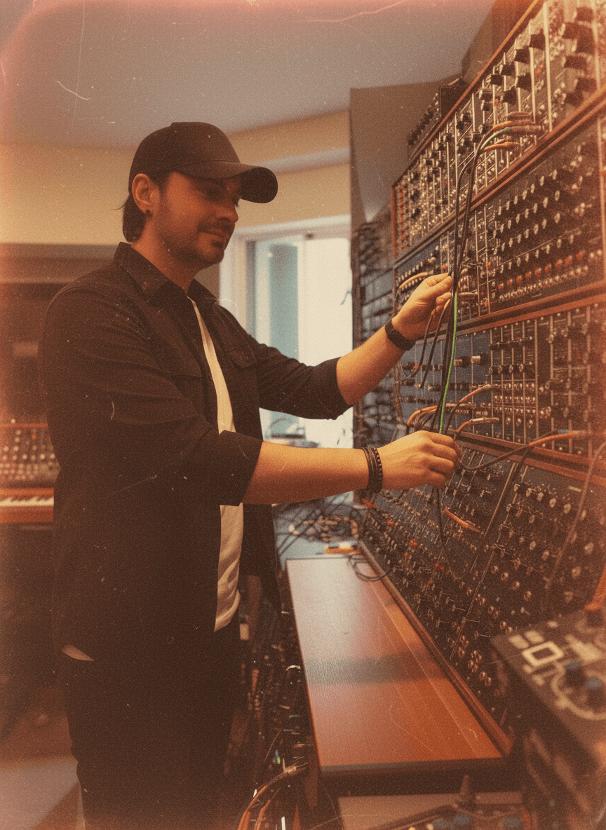 Adrian Klein adjusting patch cables on a large modular synthesizer, with a retro film-style filter.