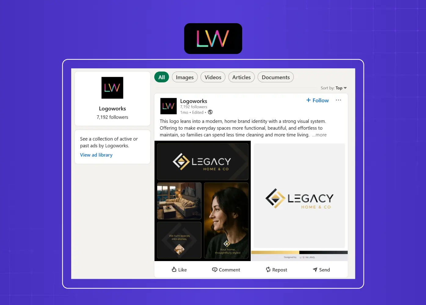 Social media showcase of logo and brand identity work featuring applications across digital and marketing materials.