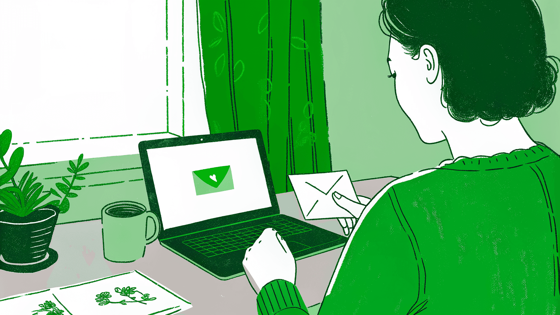 : Person at home desk holding IRS envelope, laptop showing green checkmark notice portal