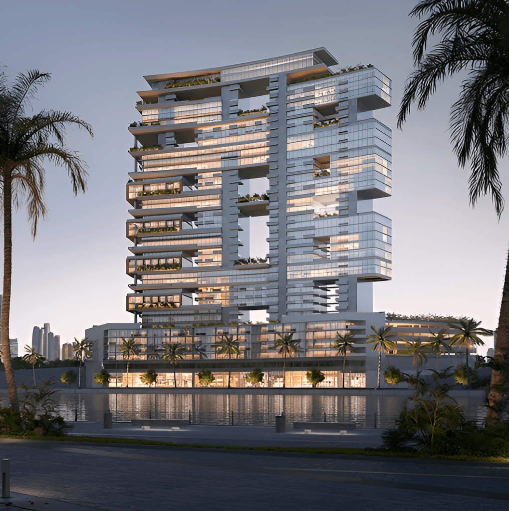 Rendering of Radiant Marina Towers, a new architectural marvel in Dubai, showcasing modern design and vibrant surroundings.