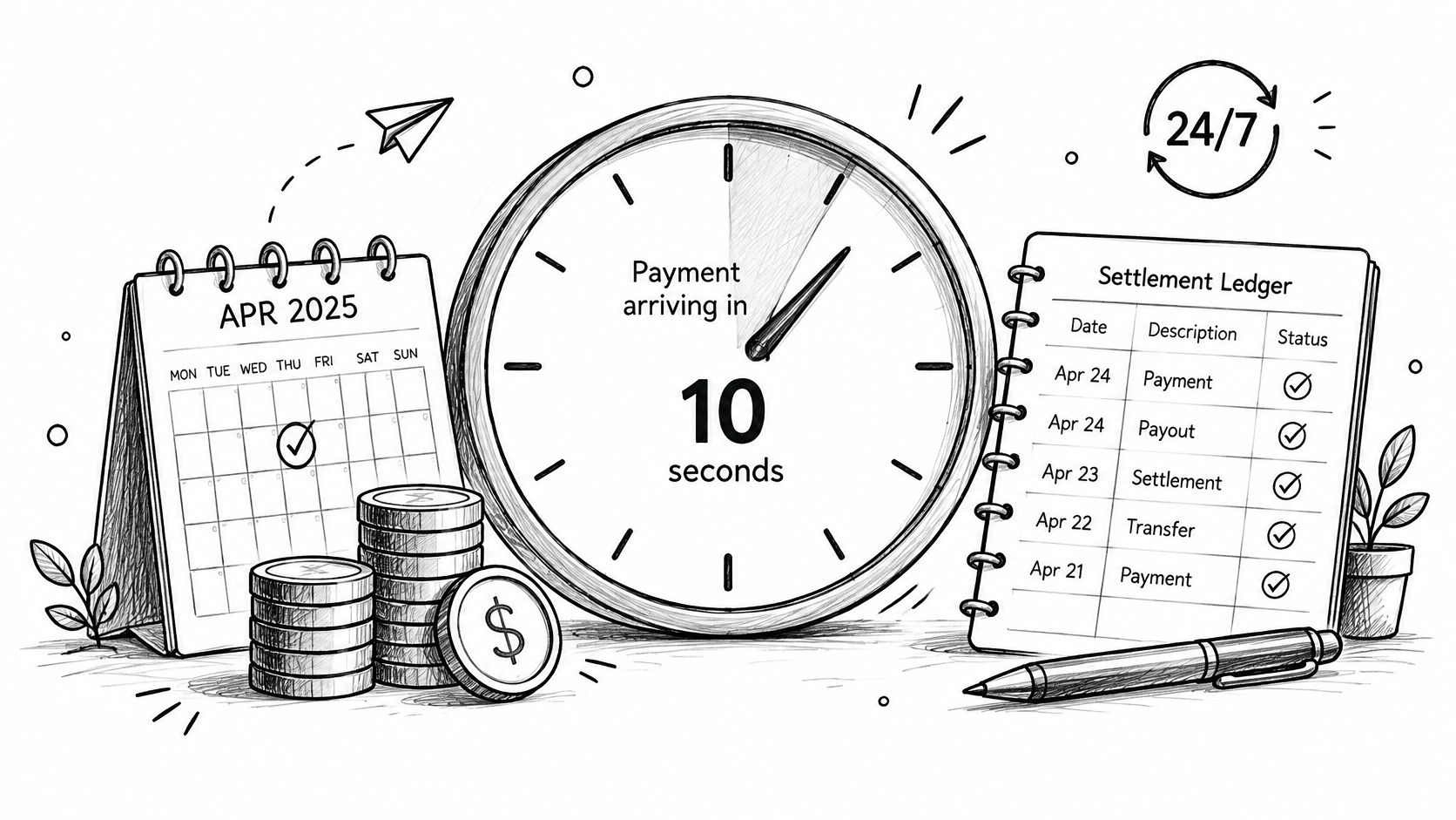 A hand-drawn illustration showing a clock counting down to payment with a calendar and ledger.