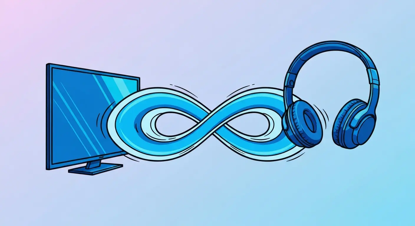 TV와 블루투스 헤드셋이 무선으로 연결되는 개념을 표현한 일러스트이다. TV 화면과 블루투스 헤드셋 사이에 무한대 기호 모양의 파란색 신호가 연결되어 블루투스 페어링과 무선 연결을 시각적으로 나타낸 이미지이다.