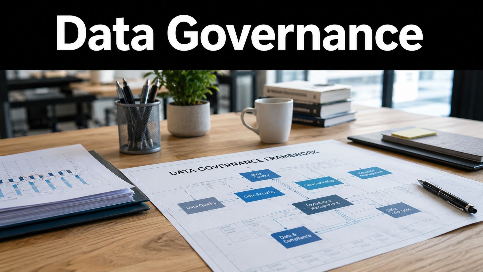 A printed data governance framework diagram lying on a wooden office desk next to pens and documents.