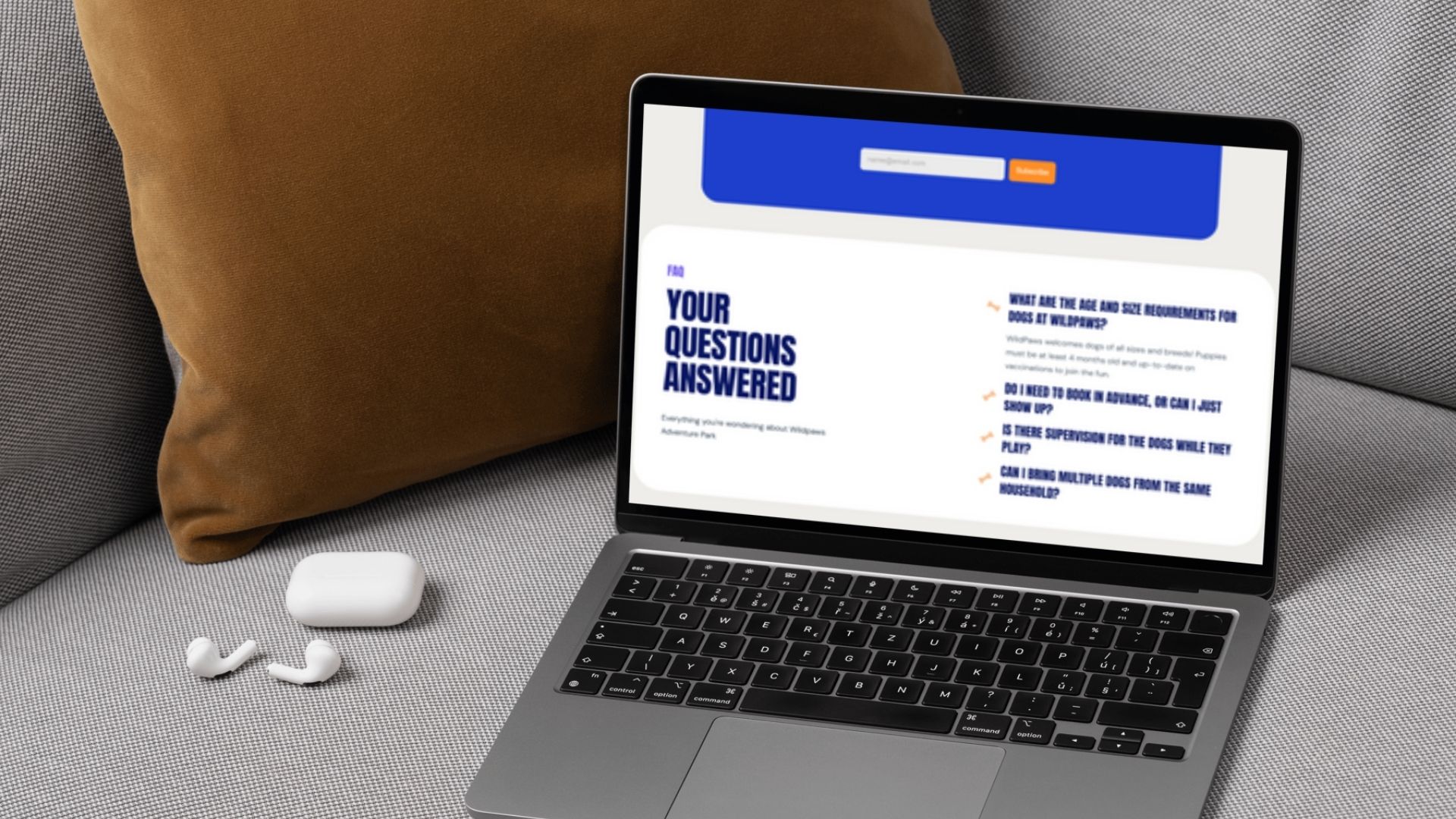 Creative design for the FAQs of a dog park website created in Framer