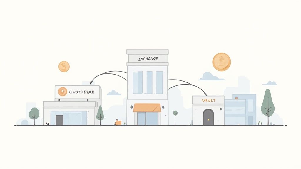 Illustration of financial services buildings, Custodian, Exchange, and Vault, with dollar coins and transaction arrows.