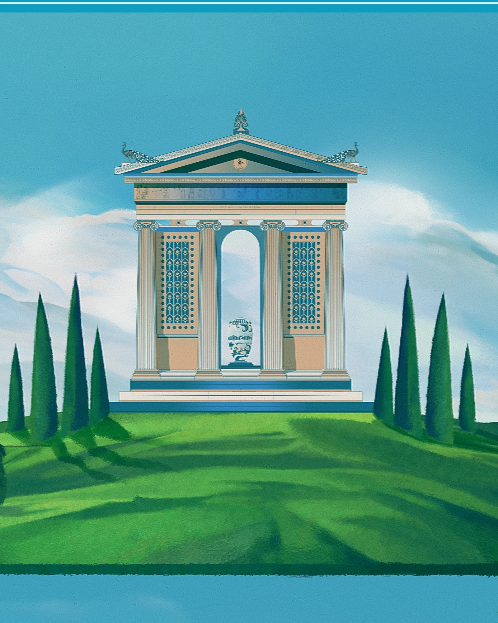 Detail of the scarf: the temple on the hill, with a vase at its centre