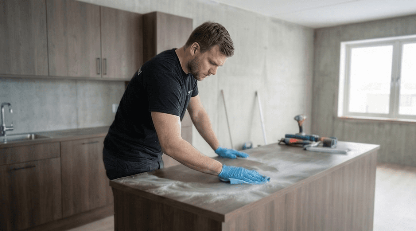 Starfsmaður að þurrka fínryk af hillum og innréttingum í nýbyggingu.