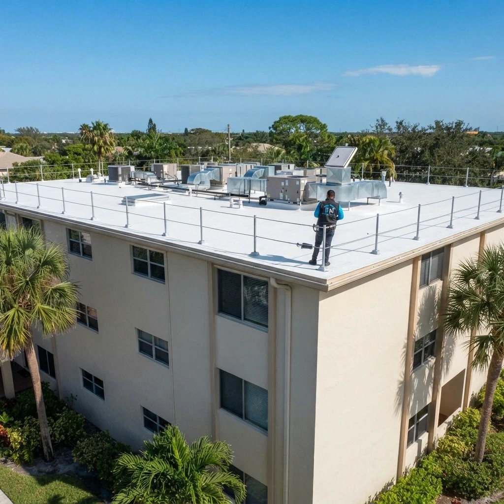Three-story South Florida condominium building with flat roof and rooftop mechanical equipment