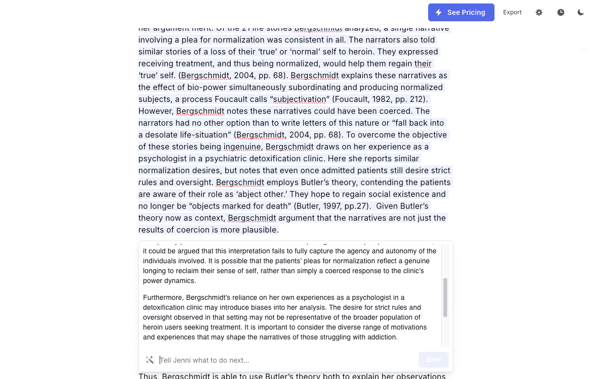 Screenshot showing JenniAI AI tool’s extended paragraph rewrite, a prohibited use in viva or summative thesis sections