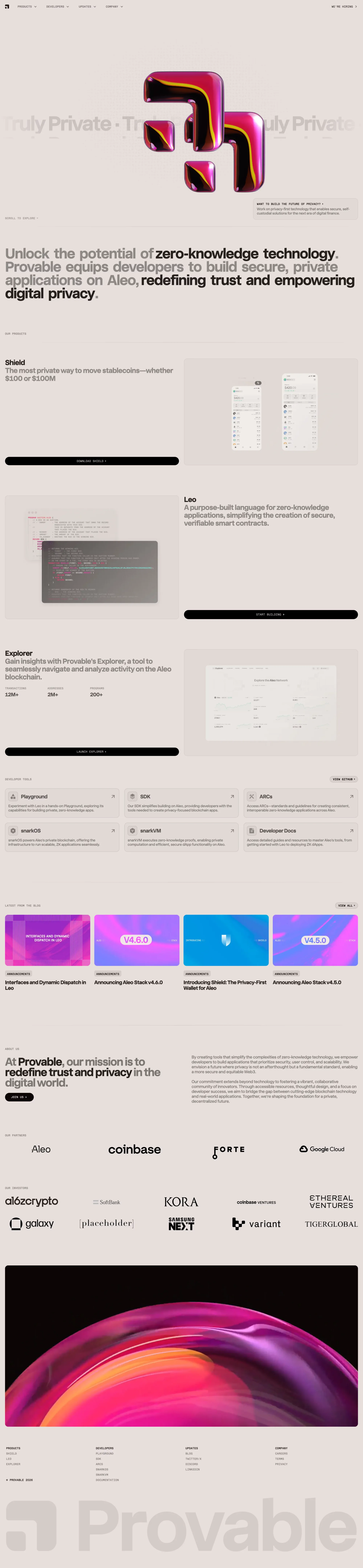 Provable landing page screenshot showcasing Tech design