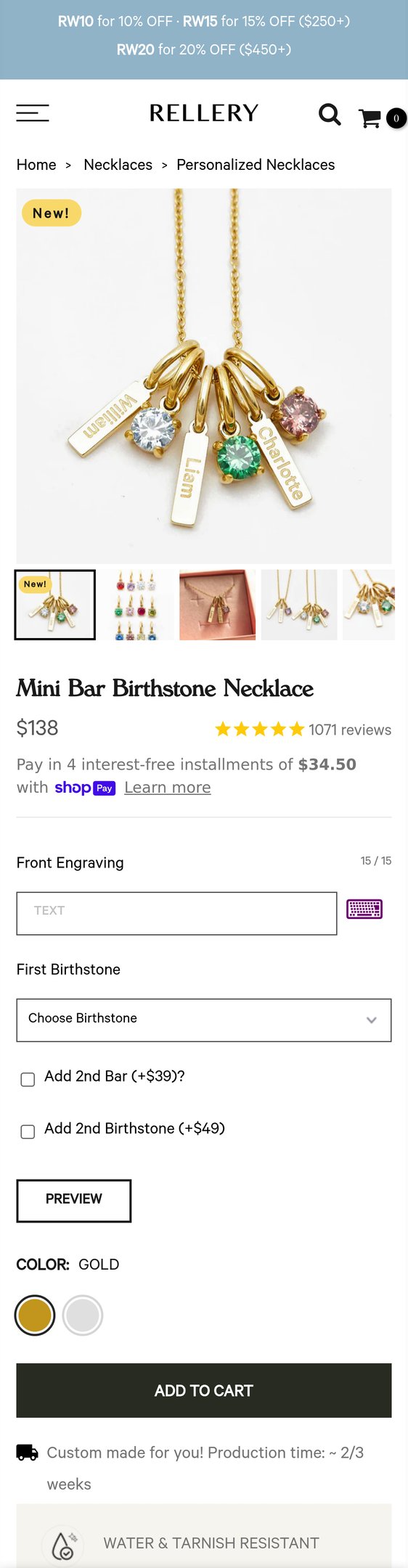 Jewelry product options include: necklace, birthstone for Mini Bar Birthstone Necklace from Rellery.