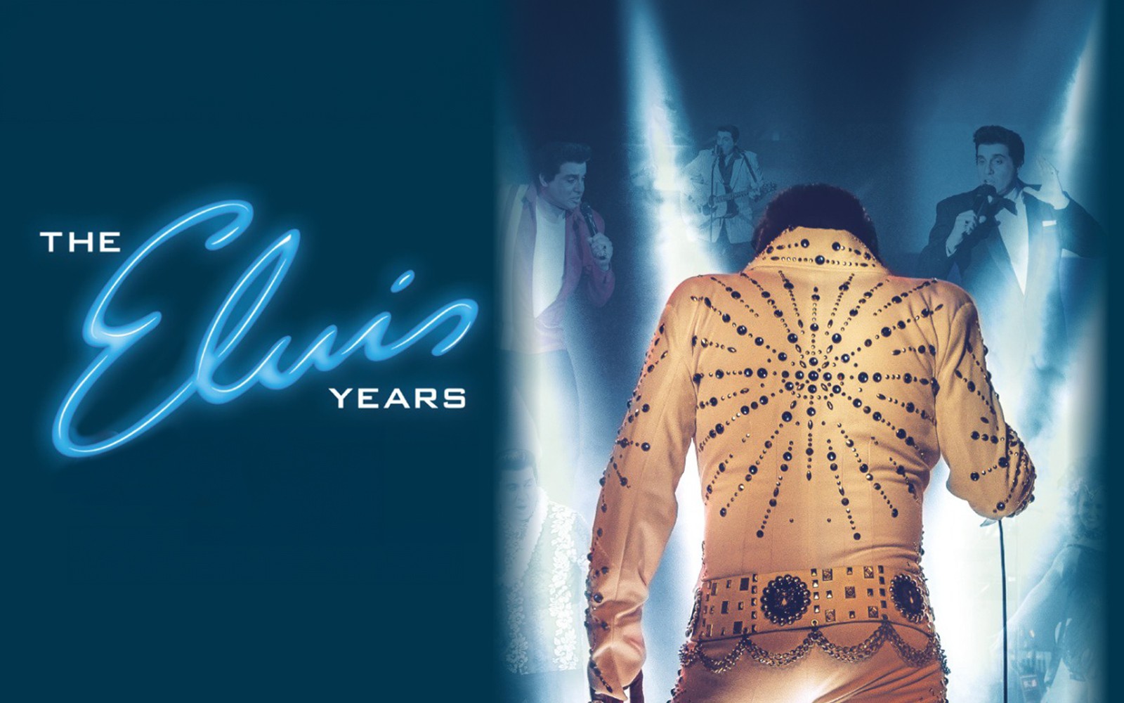 Performer in jeweled jumpsuit on stage, "The Elvis Years" show.
