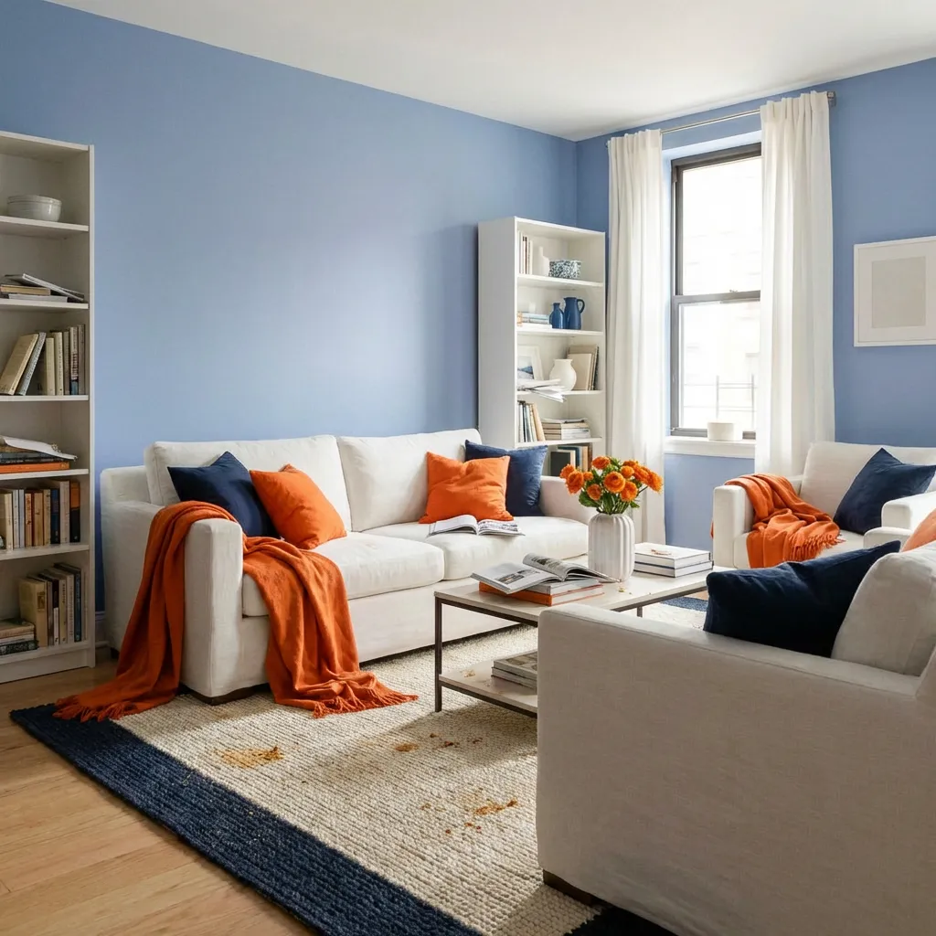Salon aux murs bleus avec canapé blanc, coussins orange et bleu marine, tapis à bordure bleue et étagères blanches.
