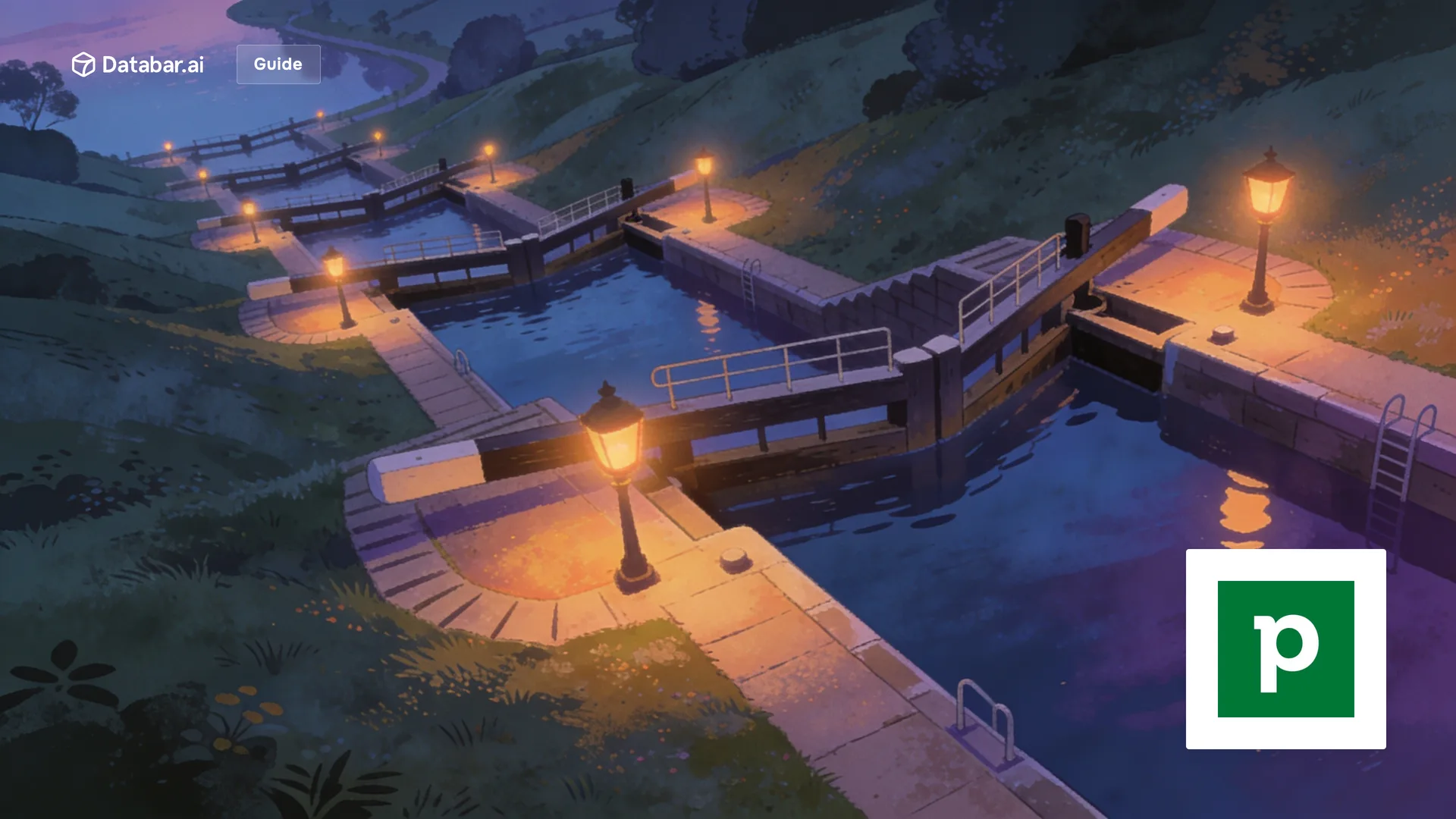 Pipedrive CRM enrichment, illustrated as a canal descending a hillside through a sequence of stepped locks at dusk