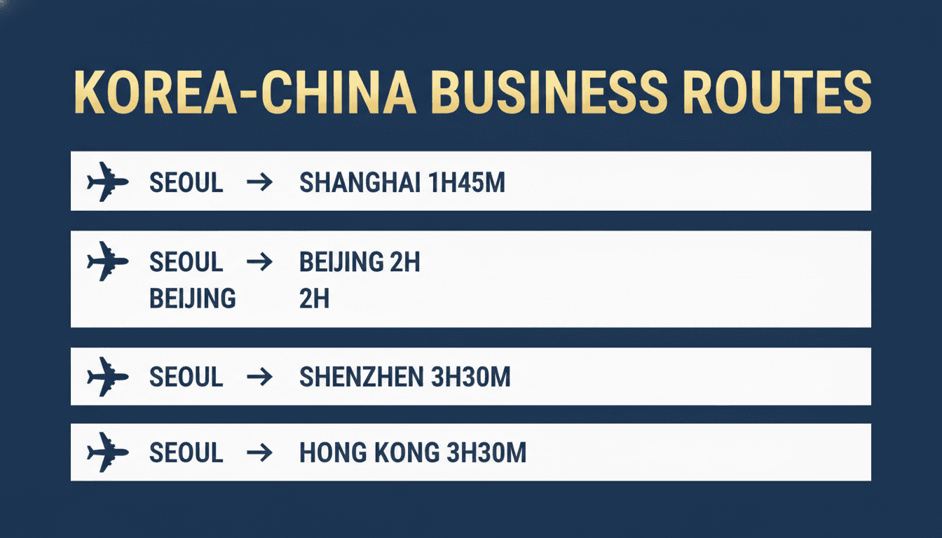 Infographic of Korea-China business private jet routes and flight times from Seoul
